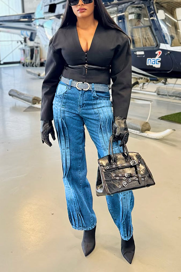 Stylish Pleated Bleached High Waist Jeans