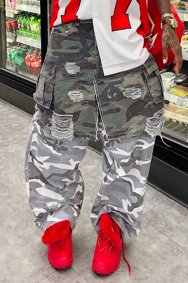 Casual Camouflage Patchwork Raw Edge High Waist Pants
