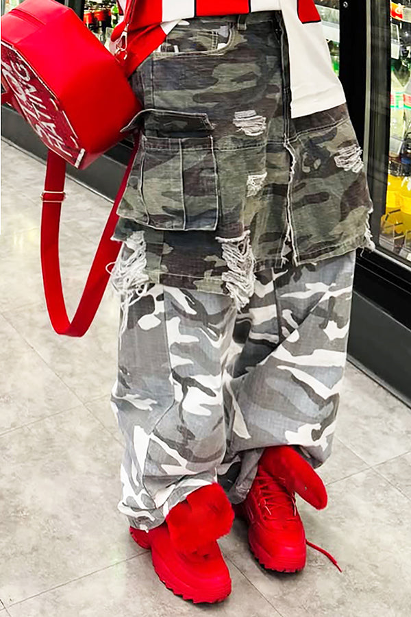 Casual Camouflage Patchwork Raw Edge High Waist Pants