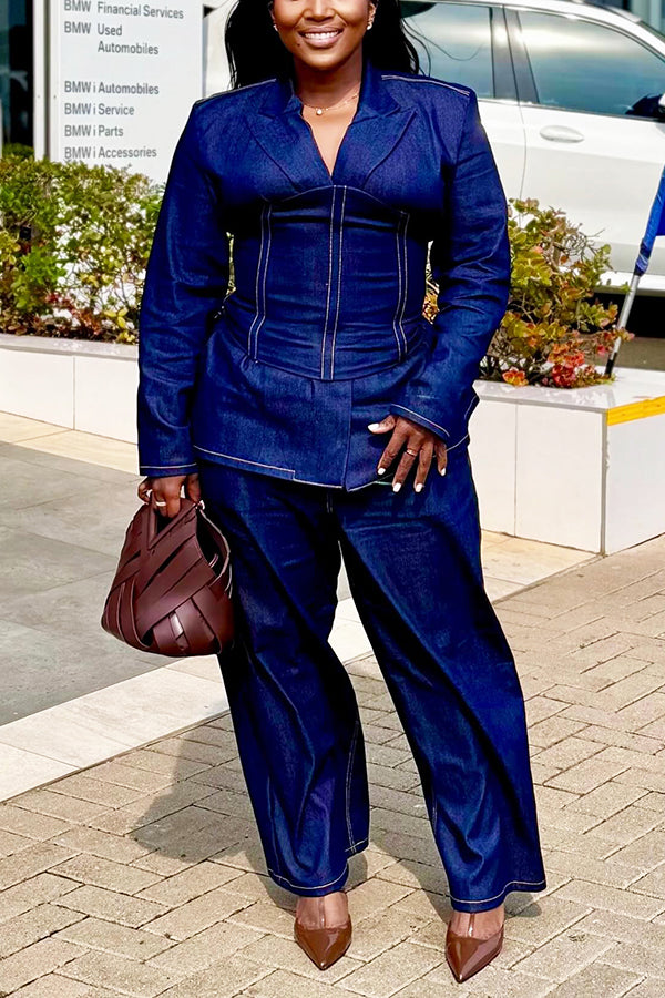 Retro Waisted Denim Top & Wide Leg Jeans Set