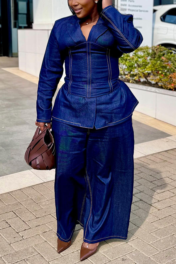 Retro Waisted Denim Top & Wide Leg Jeans Set