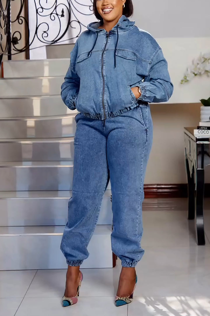 Street Style Denim Hooded Jacket & Jeans Set