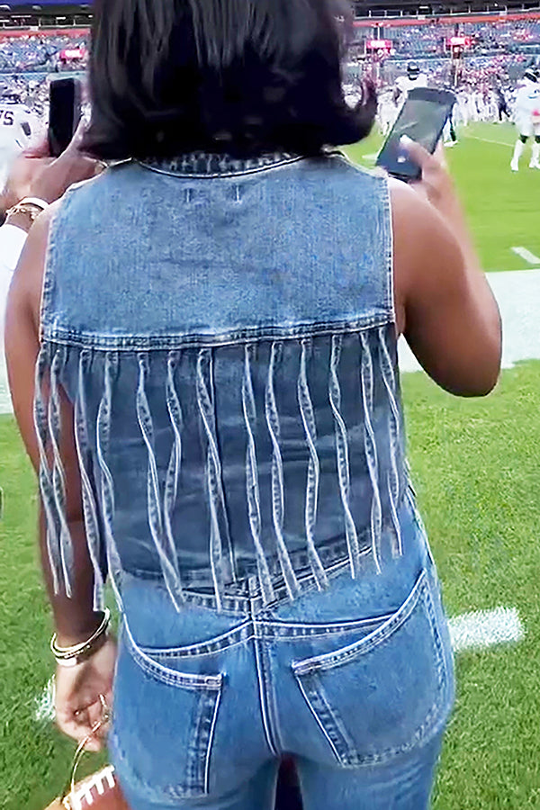 Cool V-neck Tassel Washed Denim Vest