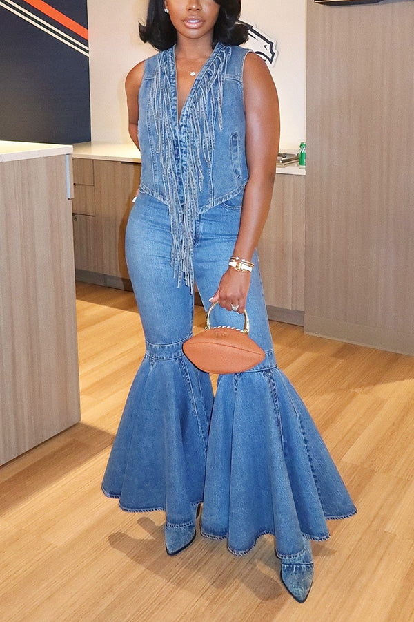 Cool V-neck Tassel Washed Denim Vest