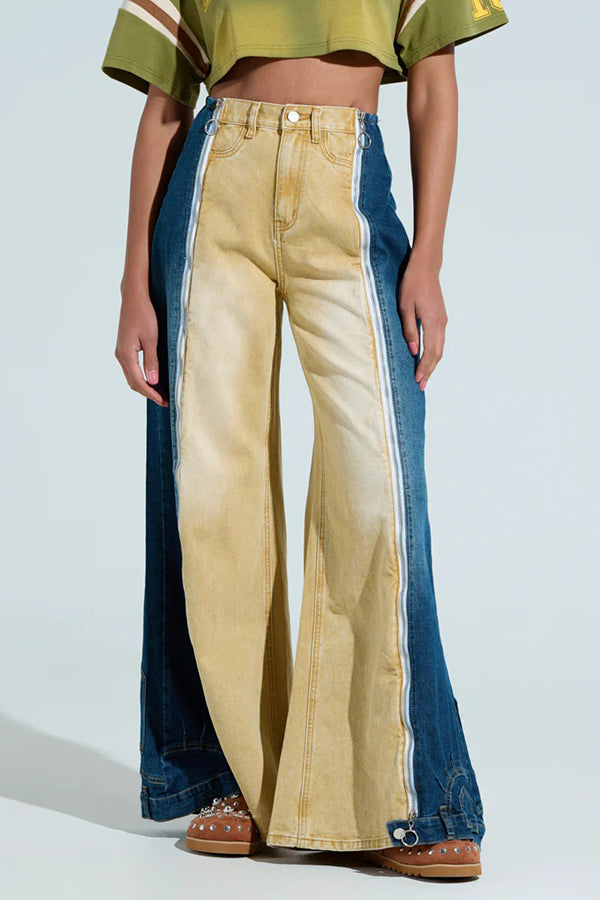 Retro Color Block High Waist Flared Jeans