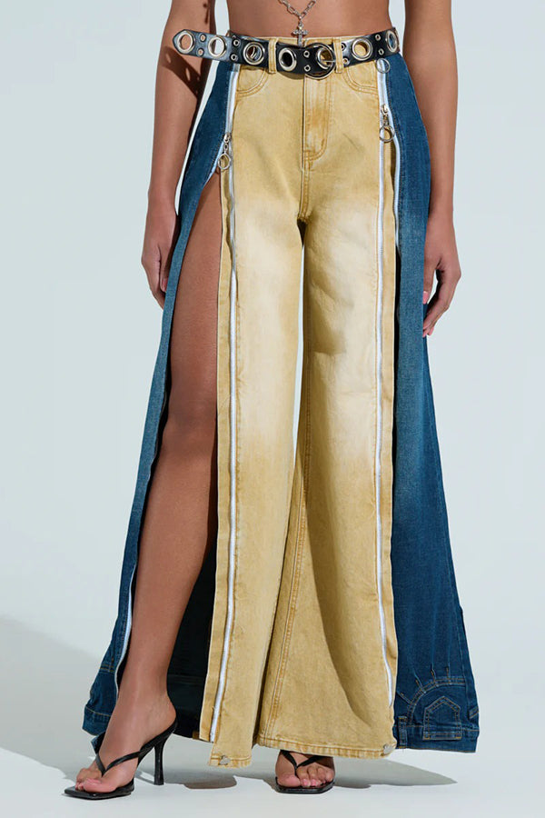 Retro Color Block High Waist Flared Jeans