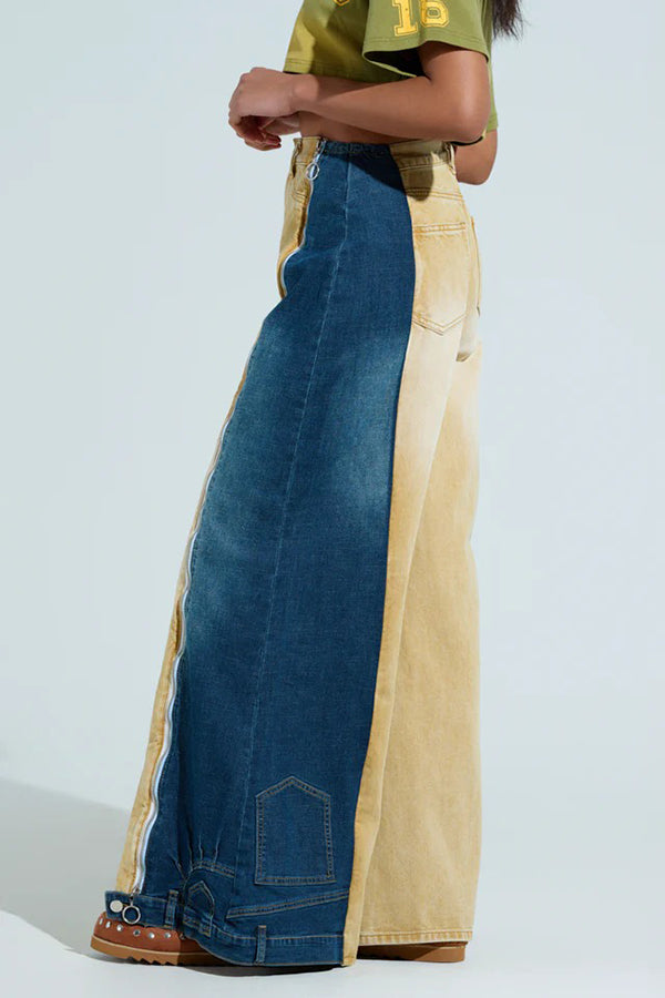 Retro Color Block High Waist Flared Jeans
