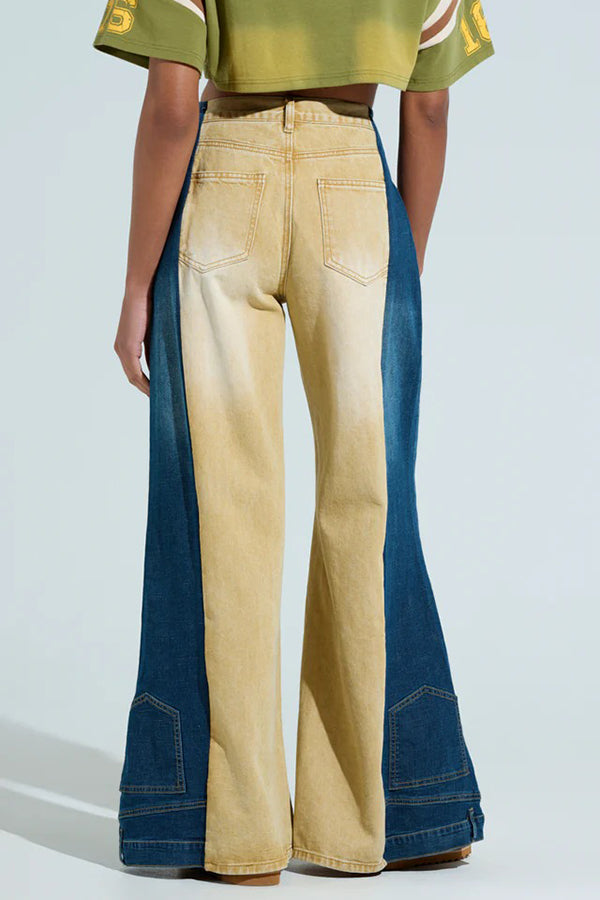 Retro Color Block High Waist Flared Jeans