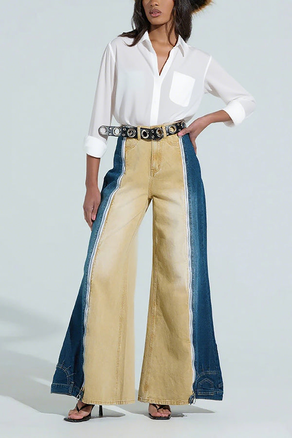 Retro Color Block High Waist Flared Jeans