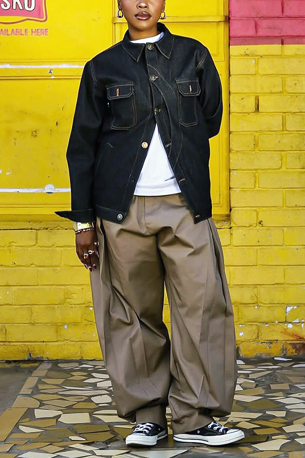 Vintage Textured Button Double Pocket Denim Jacket