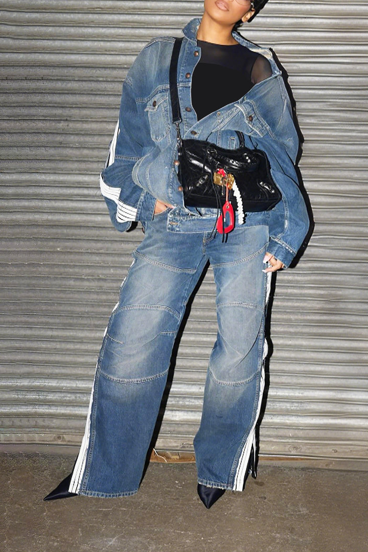 Street Style Geometric Print Slit Wide Leg Jeans
