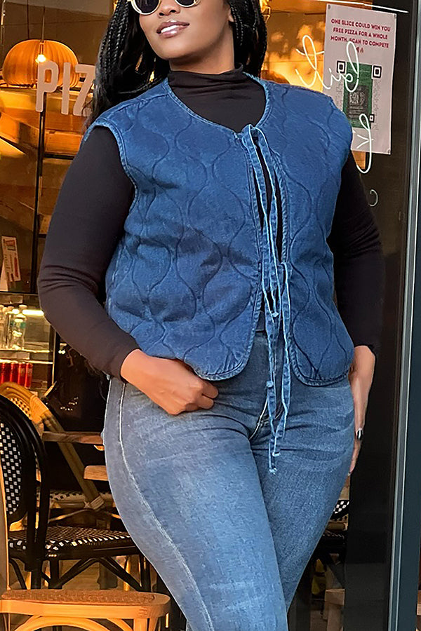 Unique Quilted Cotton Lacing Denim Vest
