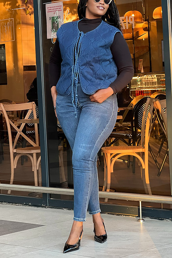 Unique Quilted Cotton Lacing Denim Vest