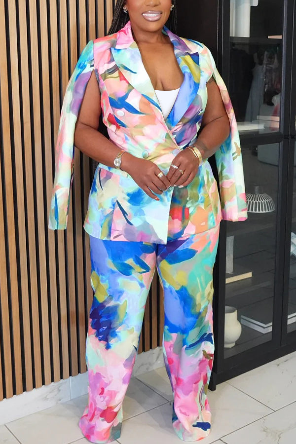 Colorful Tie Dye Slit Sleeve Blazer & Pants Set
