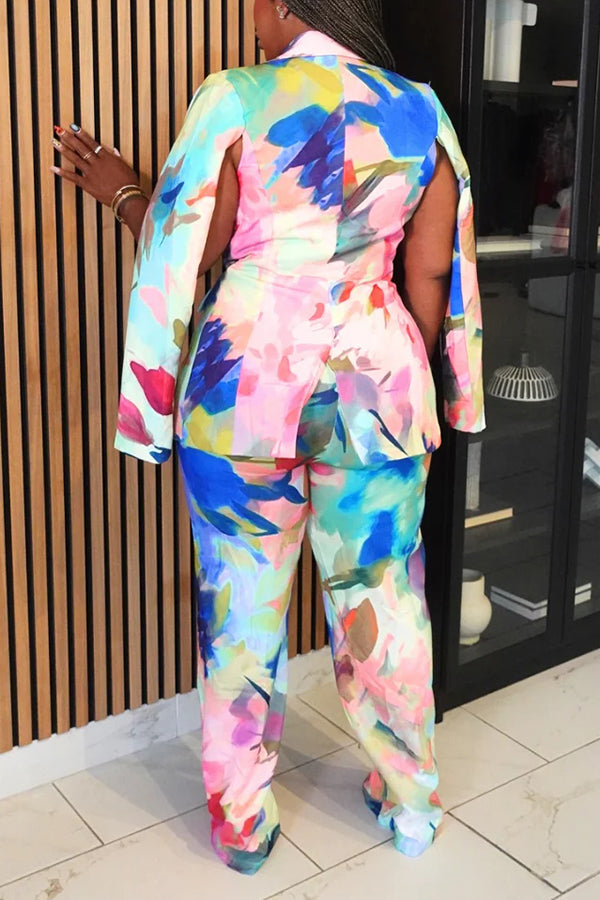 Colorful Tie Dye Slit Sleeve Blazer & Pants Set