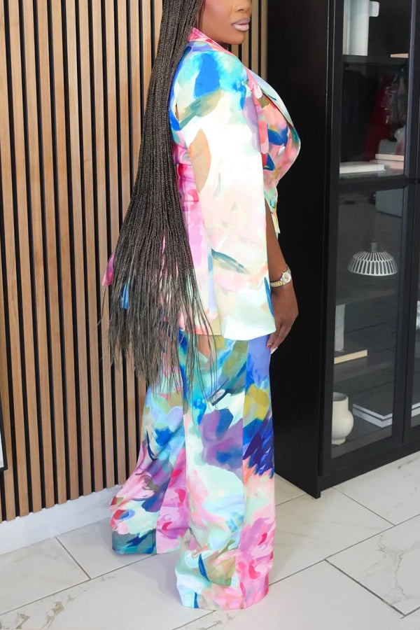 Colorful Tie Dye Slit Sleeve Blazer & Pants Set