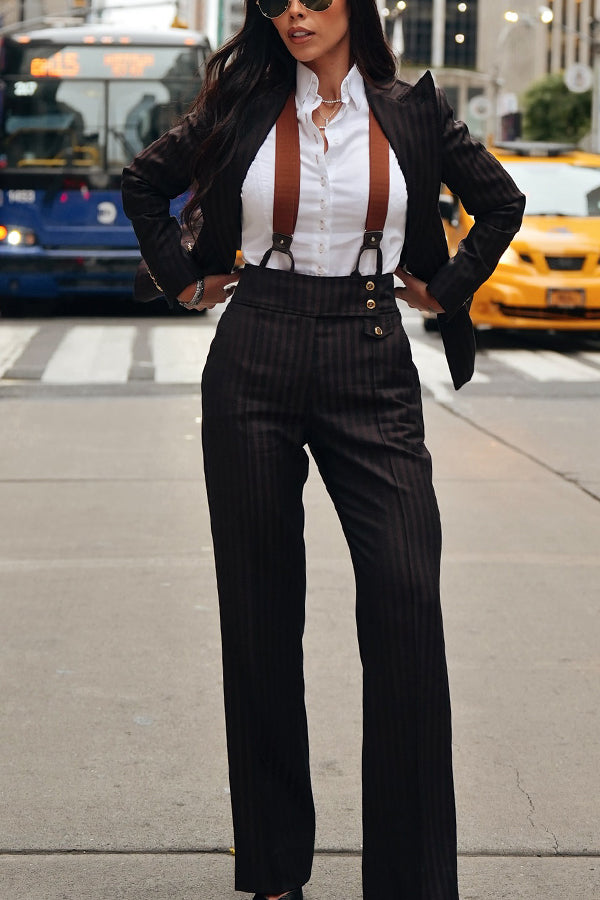 Stylish Striped Blazer & High Waist Straight Pants Set