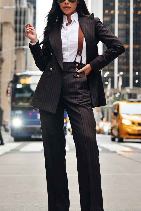 Stylish Striped Blazer & High Waist Straight Pants Set