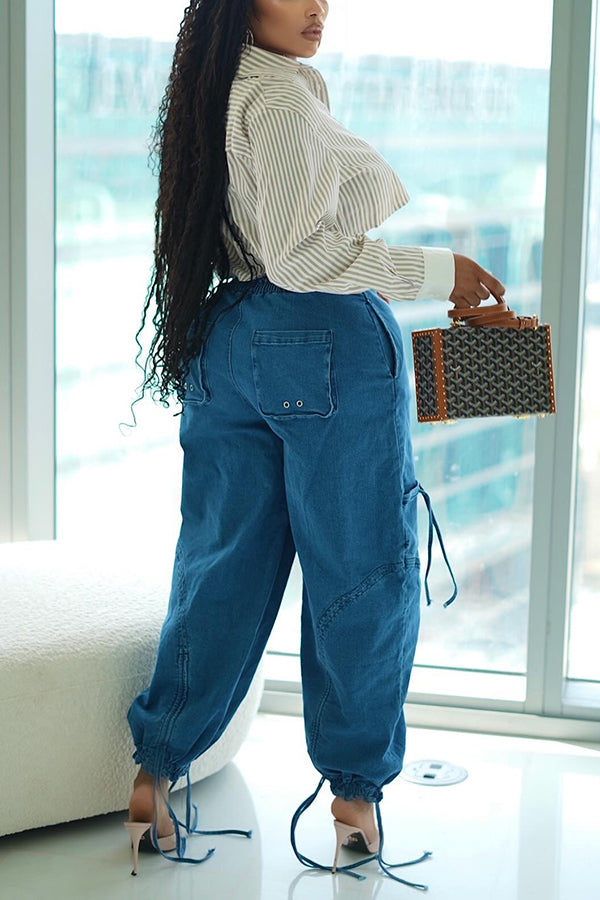 Casual Drawstring High Waist Cargo Jeans