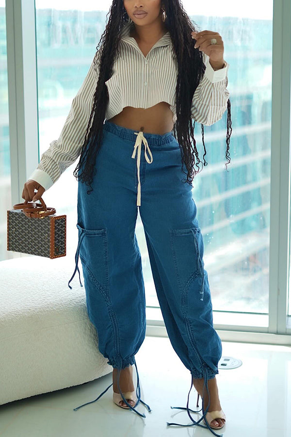 Casual Drawstring High Waist Cargo Jeans