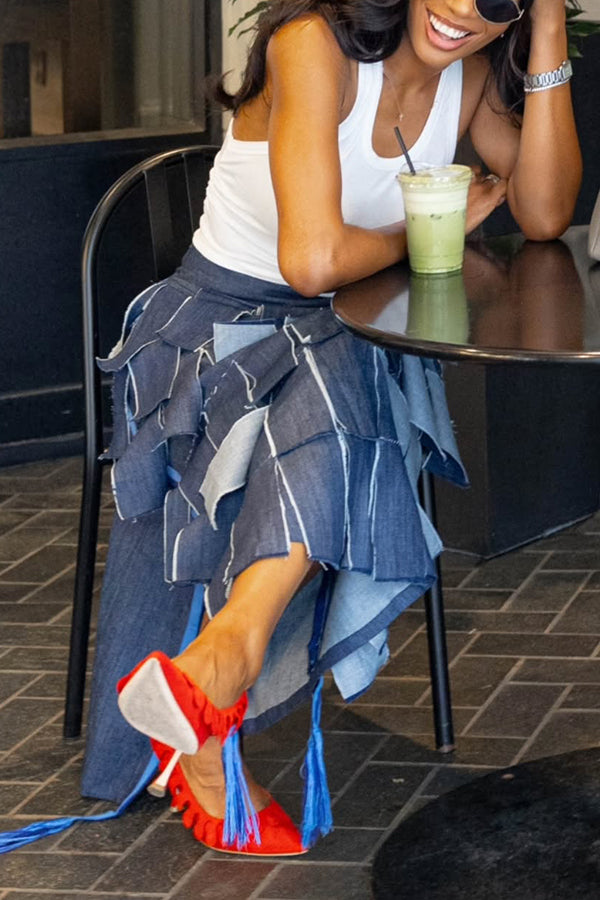 Street Style Patchwork High Waist Denim Skirt