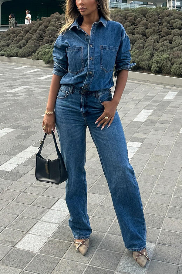 Street Style Single Breasted Washed Denim Jumpsuit