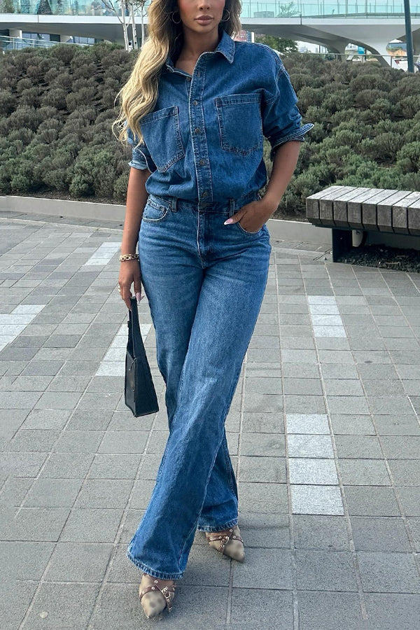 Street Style Single Breasted Washed Denim Jumpsuit