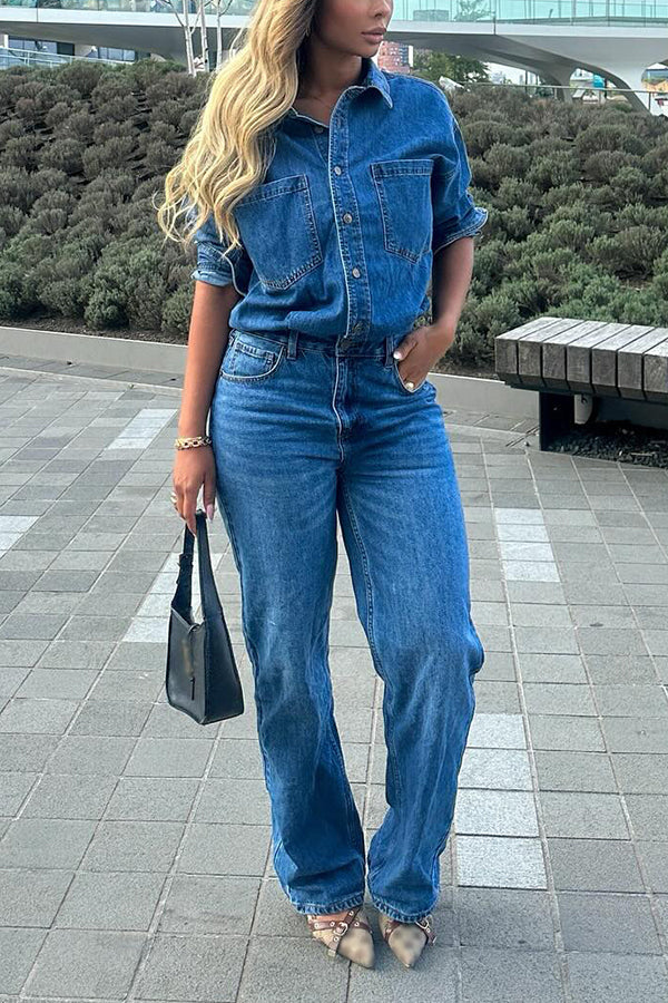 Street Style Single Breasted Washed Denim Jumpsuit