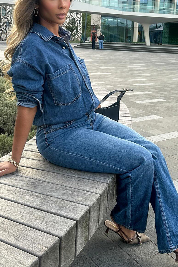 Street Style Single Breasted Washed Denim Jumpsuit