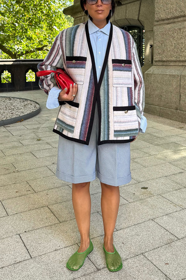 Casual Woolen Printed Multi Pocket Jacket