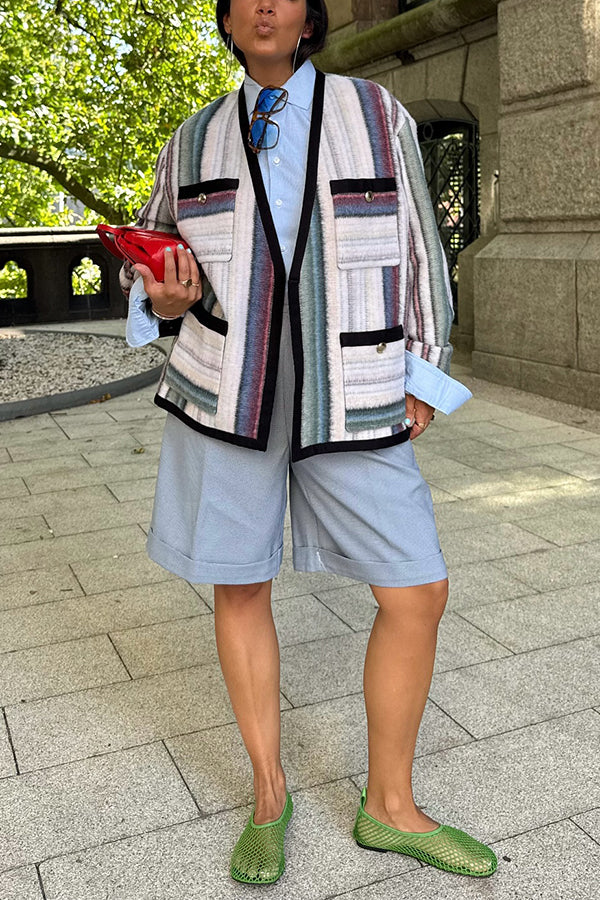 Casual Woolen Printed Multi Pocket Jacket