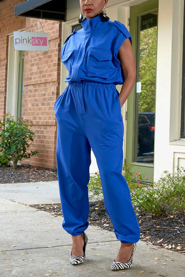 Urban High Collar Elastic Waist Cargo Jumpsuit