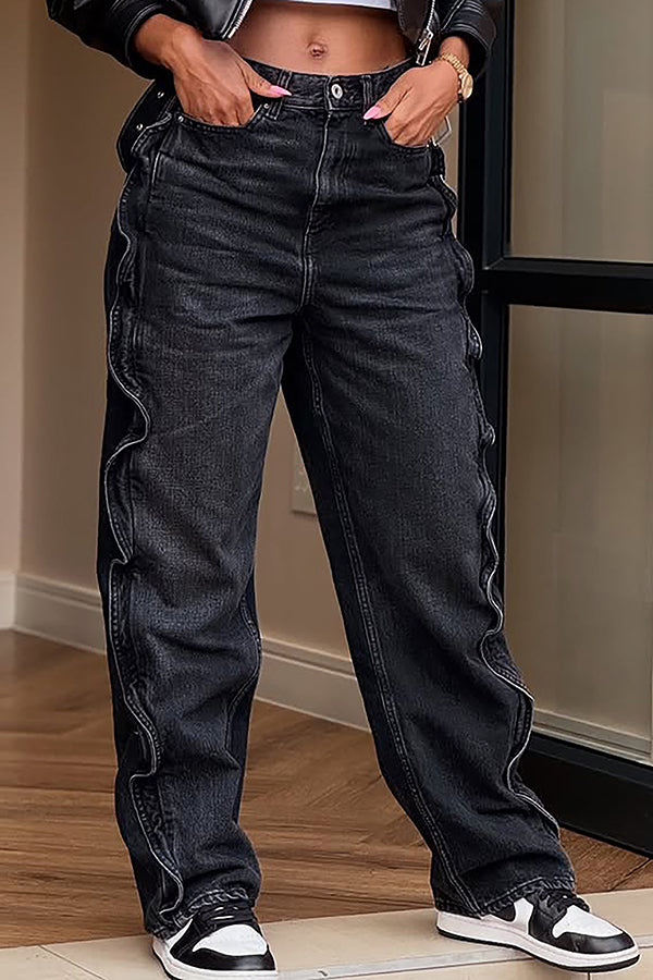 Cool Side Ruffle Patchwork High Waist Jeans