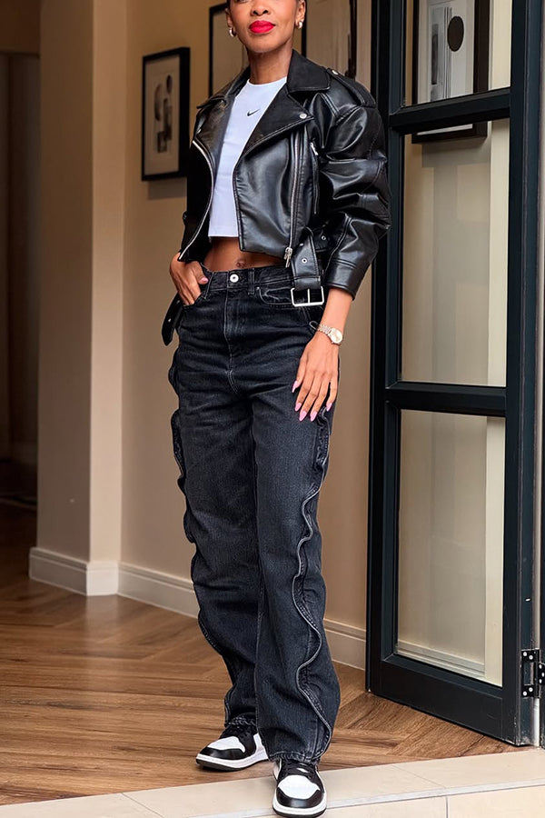 Cool Side Ruffle Patchwork High Waist Jeans