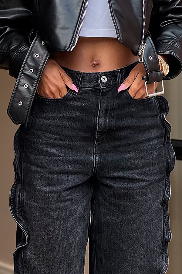 Cool Side Ruffle Patchwork High Waist Jeans