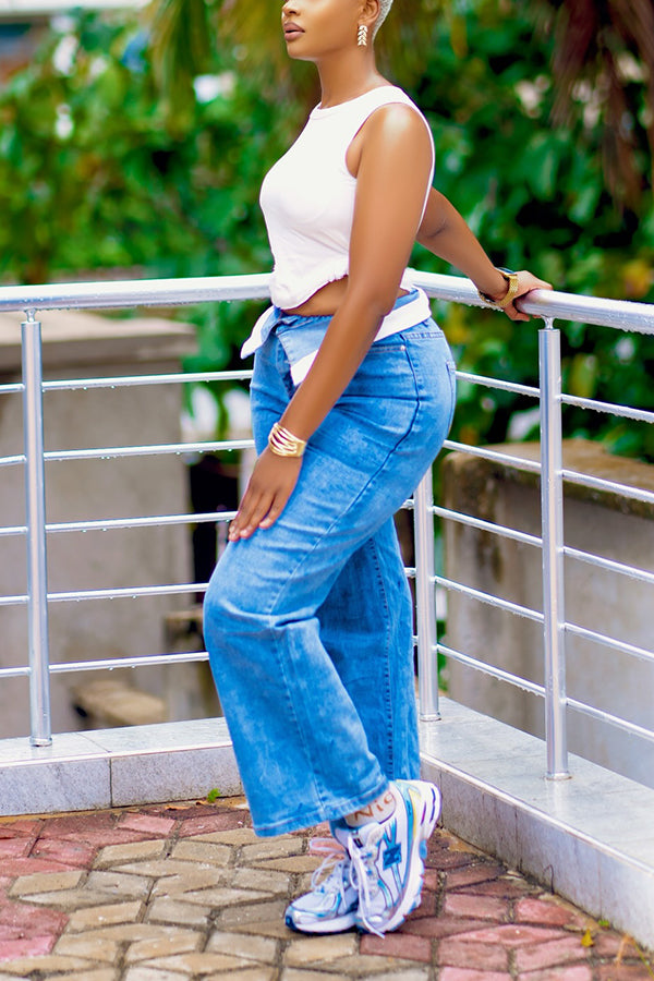 Versatile Cuffed High Waist Wide Leg Jeans