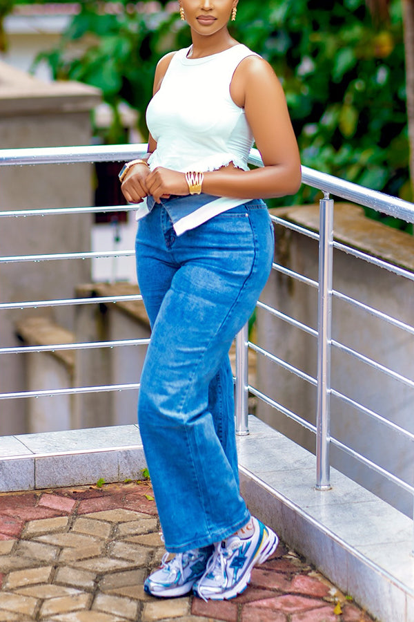 Versatile Cuffed High Waist Wide Leg Jeans