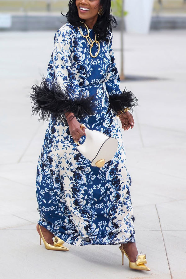 Elegant Floral Print Feather Patchwork Maxi Dress