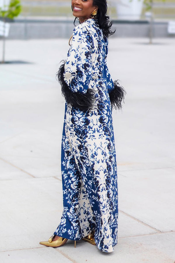 Elegant Floral Print Feather Patchwork Maxi Dress