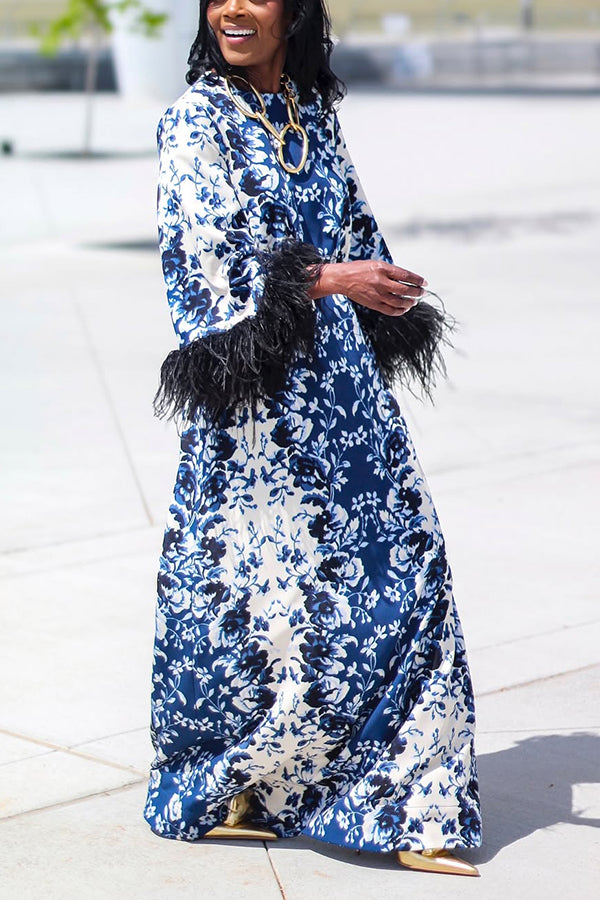 Elegant Floral Print Feather Patchwork Maxi Dress