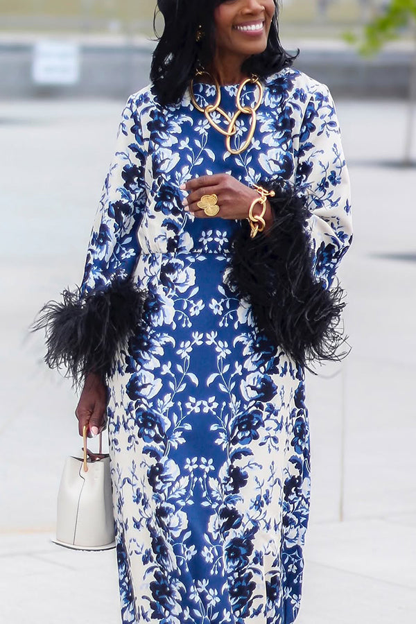 Elegant Floral Print Feather Patchwork Maxi Dress
