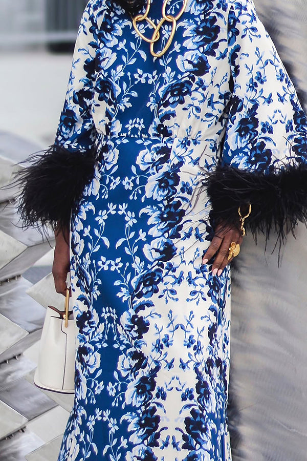 Elegant Floral Print Feather Patchwork Maxi Dress