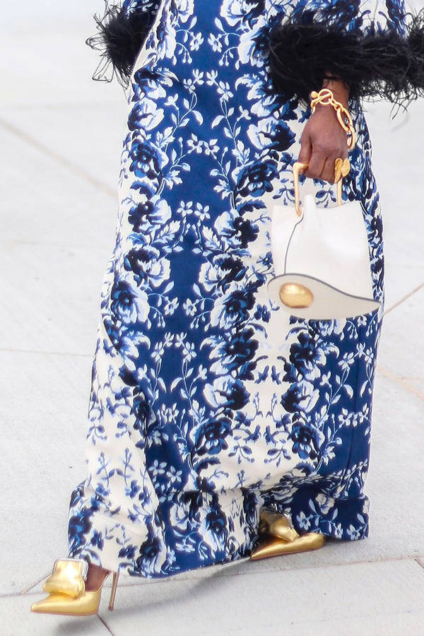 Elegant Floral Print Feather Patchwork Maxi Dress