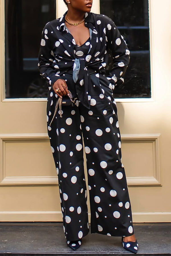 Stylish Polka Dot Print Shirt & Camisole & Pants Set