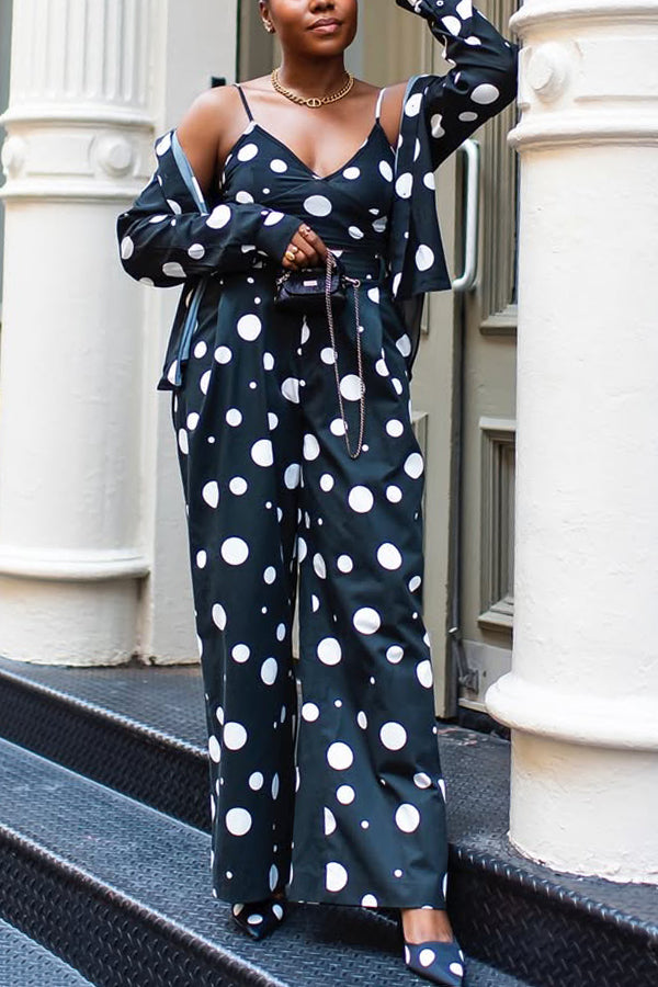 Stylish Polka Dot Print Shirt & Camisole & Pants Set
