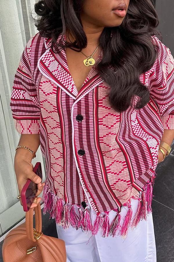 Ethnic Style Contrasting Color Print Tassel Jacket