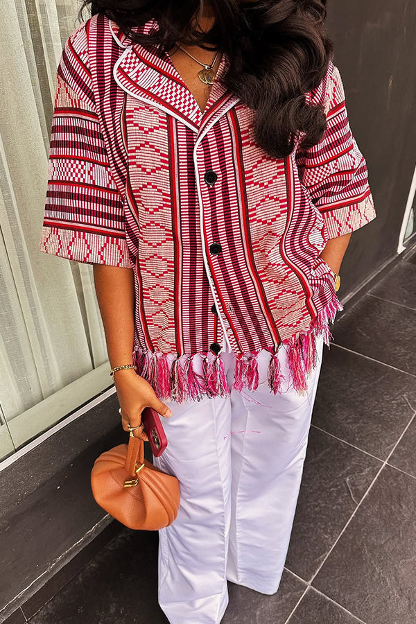 Ethnic Style Contrasting Color Print Tassel Jacket