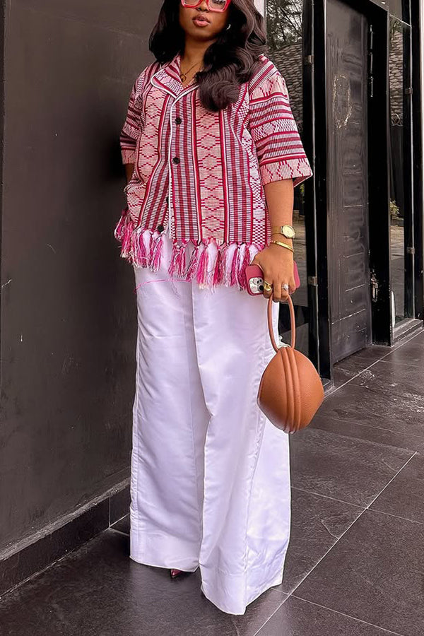 Ethnic Style Contrasting Color Print Tassel Jacket