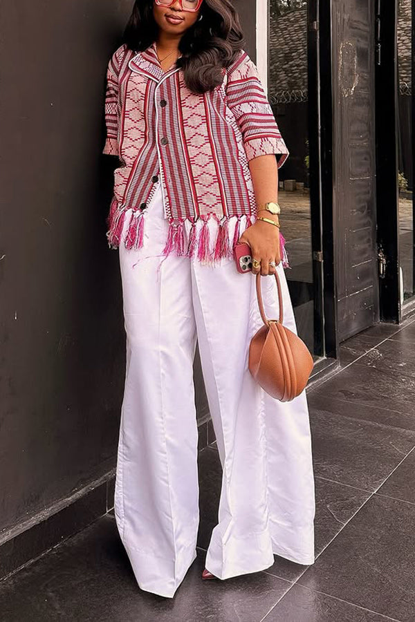 Ethnic Style Contrasting Color Print Tassel Jacket