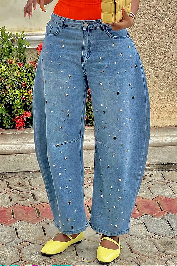 Versatile Scimitar Cut Beaded Eyelet High Waist Jeans